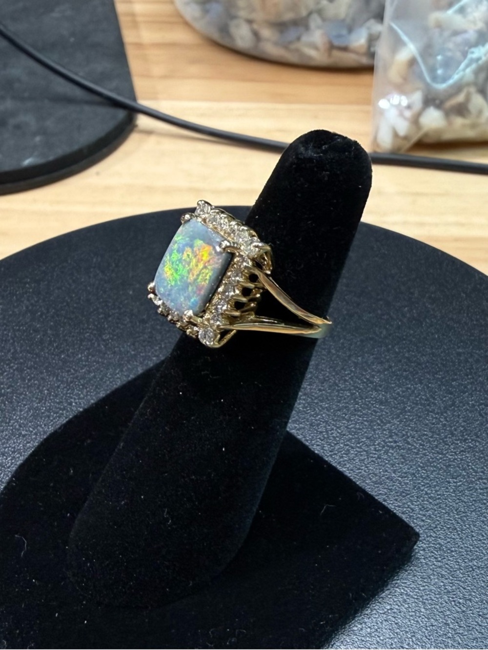 Lightning Ridge Black Opal and 14k Gold Opal Halo Ring - Iridescent - Picture 10 of 15